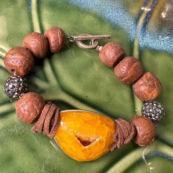 Tibetan Natural Jade Beaded Bangle Tibetan Style Dzi Beads Bracelet - Picture 4 of 5